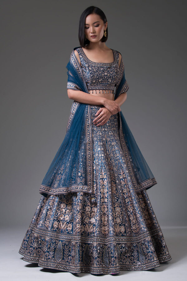 Dull Blue Georgette Sequins Embroidered Lehenga Set