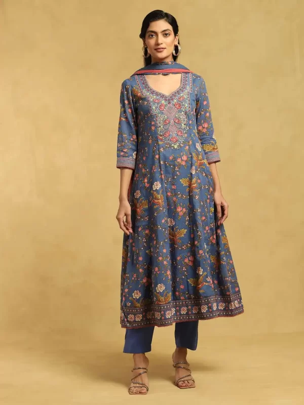 Blue Botanic Print Embroidered Suit Set