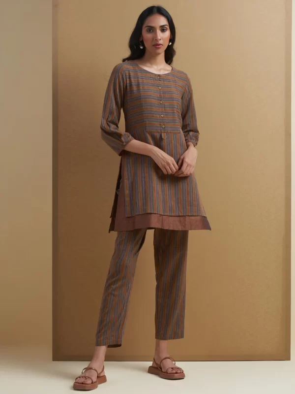 Brown Striped Kurta Set