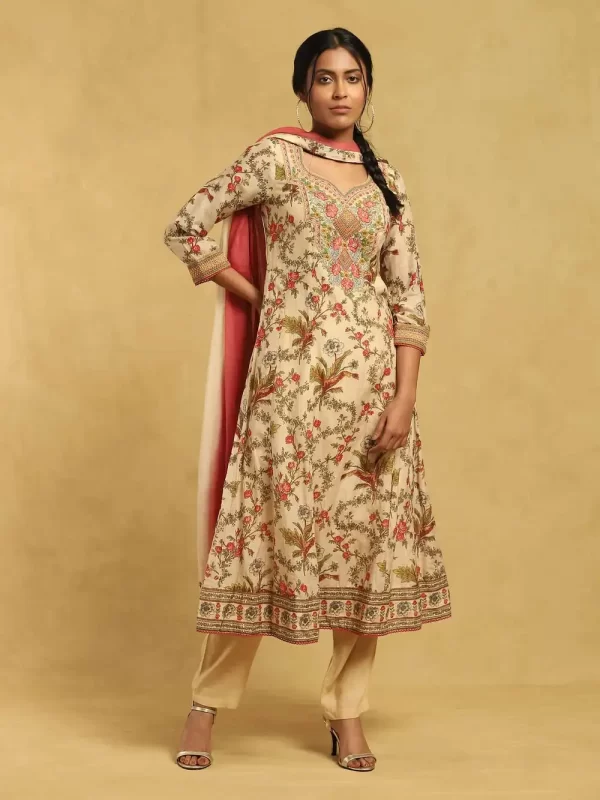 Ecru Botanic Print Embroidered Suit Set