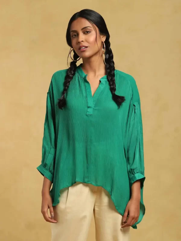 Green Crinkled Asymmetric Kurti