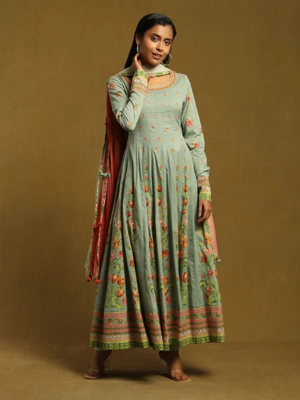 Green Floral Print Anarkali Suit Set