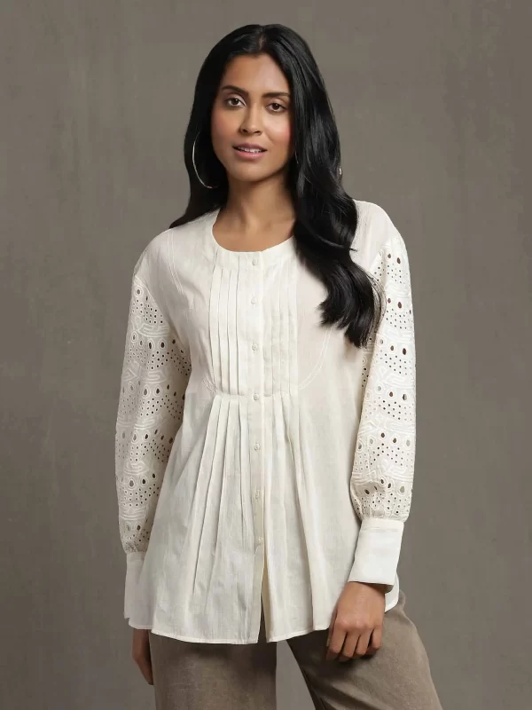 Ivory Schiffli Kurti With Pintuck Detail