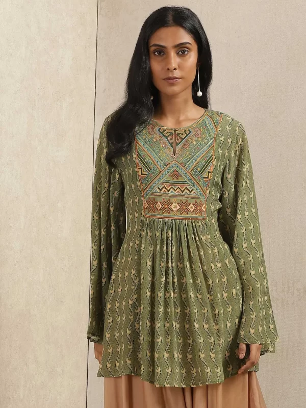 Olive Green & Beige Printed Kurti