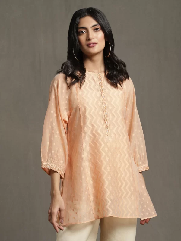 Peach Chanderi Cutwork Embroidered Kurti