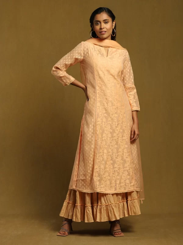 Peach Chanderi Cutwork Embroidered Suit Set