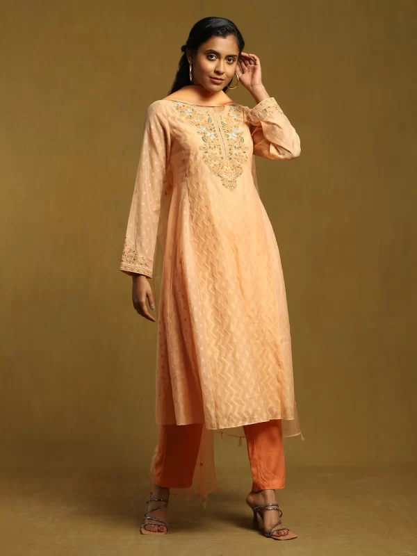 Peach Chanderi Cutwork Embroidered Designer Suit Set