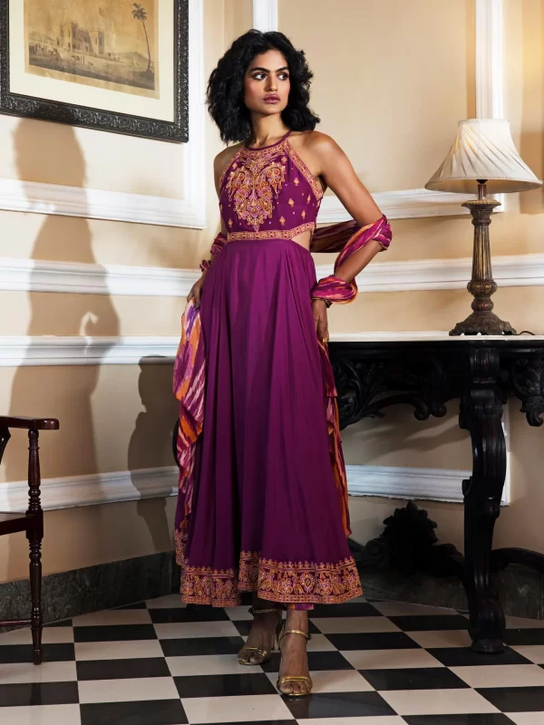 Purple Embroidered Cut-Out Suit Set