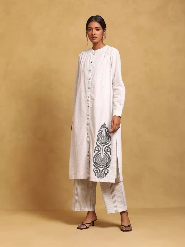 White Embroidered Button Down Straight Kurta Set